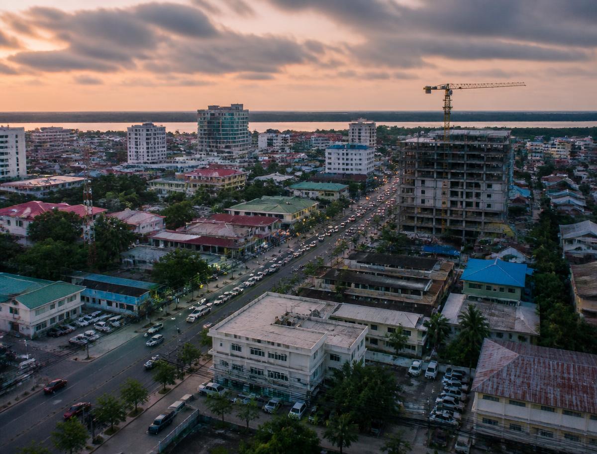 Aerial view of Georgetown, Guyana at dusk with construction and power infrastructure